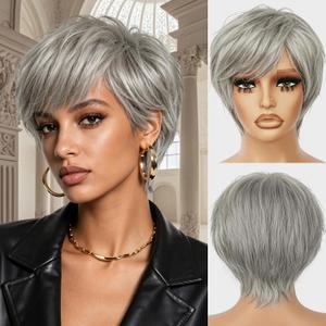 Silver Gray 4 Inch Pixie Human Hair Wig for Women | 100% Real Hair, Short Pixie Cut with Bangs, Glueless Throw On & Go, Lightweight Cap, Natural Salt and Pepper Style