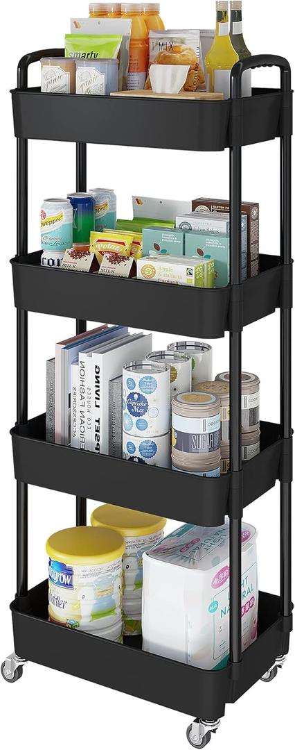 Laiensia 4-Tier Rolling Cart with Wheels,Multifunction Utility Storage carts, Kitchen Storage Organizer, Mobile Shelving Unit for Bathroom,Laundry, with Classified Stickers, Black