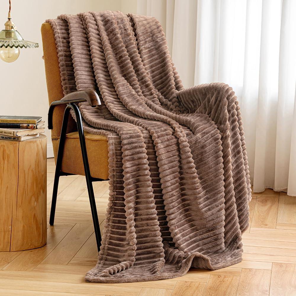 MIULEE Fleece Throw Blanket for Couch 300GSM Super Soft Lightweight Plush Striped Blanket, Brown Warm Cozy Breathable Ribbed Flannel Blanket for Bed/Sofa, Size 50*60