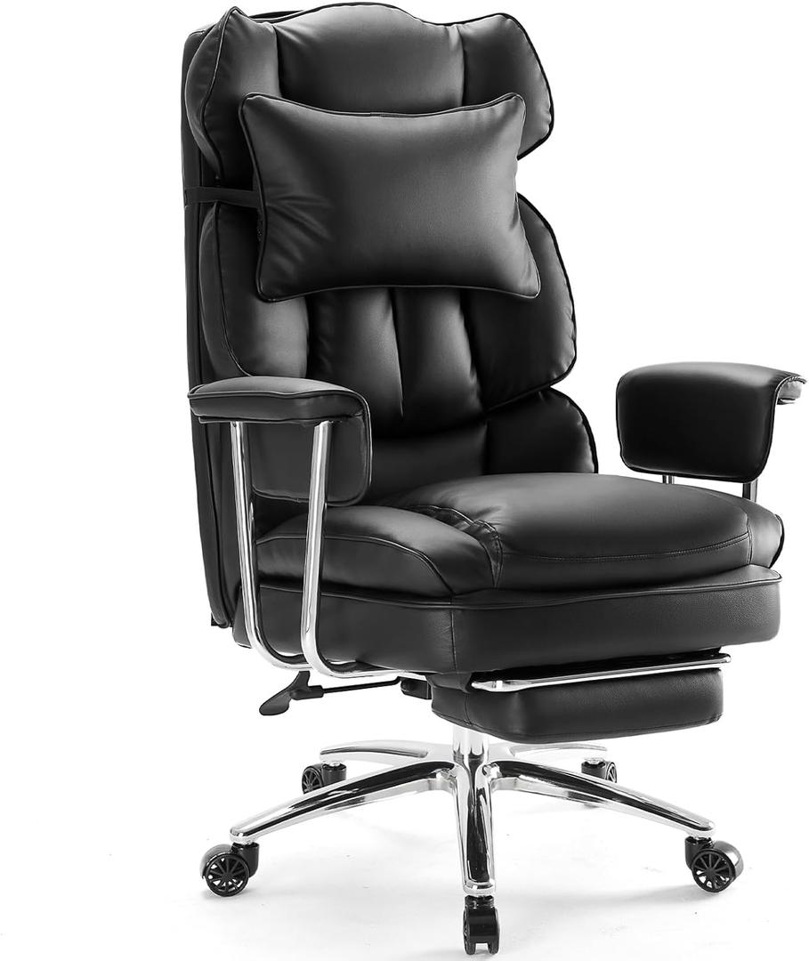 Sweetcrispy Executive Home Office Desk Chair - Ergonomic Big Tall High Back with Footrest & Lumbar Support, Reclining Height Adjustable, Comfy PU Leather Computer Gaming with Swivel Wheels, Black