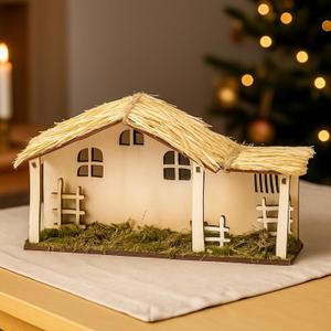 Leinuosen Nativity Stable Creche 11.8 Inch Nativity Scene Manger with Ladder Straw Roof and Floor Religious Christmas Wooden Decor Rustic Xmas Wood Stable Set for Home Desk Indoor Collectable Gift
