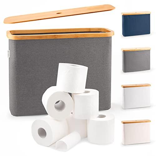 LONBET Toilet Paper Storage for 12 Rolls, Stackable & Foldable - The Ultimate Bathroom Organizer - Waterproof Basket with Bamboo Lid - Elegant Toilet Paper Storage Holder, Gray