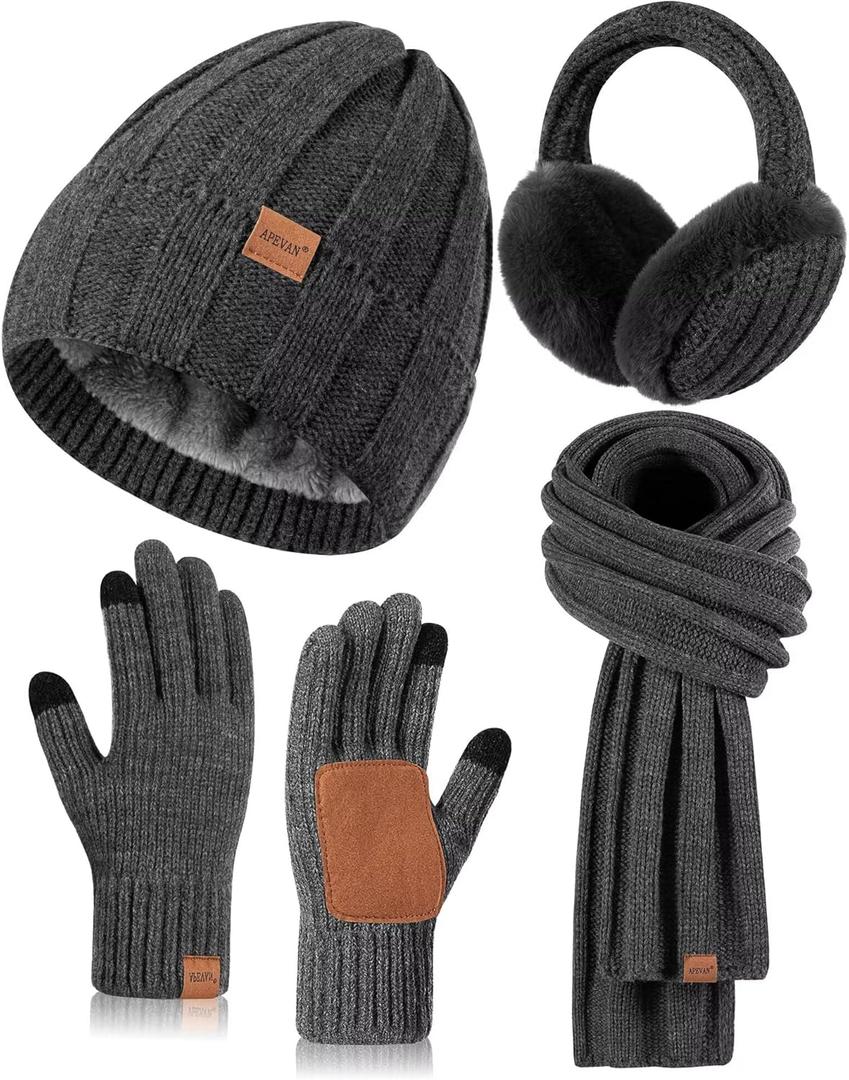 Winter Hat Gloves Scarf Earmuffs Set for Women, Fleece Lined Beanie Long Scarf Touchscreen Gloves Ear Warmer, 4 in 1 Gift Set (Dark Gray)
