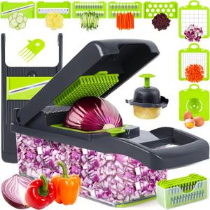 Vegetable Chopper Mandoline Slicer,Veggie Chopper, Multifunctional 10 in 1 Food Choppers, Kitchen Vegetable Slicer Dicer Cutter,Onion Mincer,Cheese Grater,Colander Basket,Kitchen Gadgets (Gray/Green)