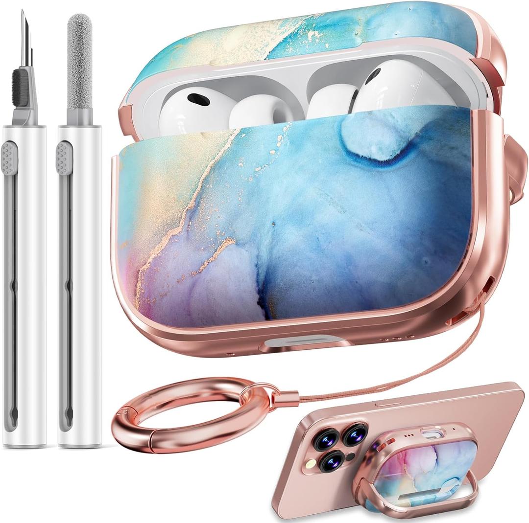 Inesore for AirPods Pro 3 Case 2025 with Lock, for Women Girly Floral Cute Case Compatible with Apple Airpods Pro 3rd Generation Cover, with Phone Stand,Keychain & Cleaner Kit- Rainbow Gold Marble