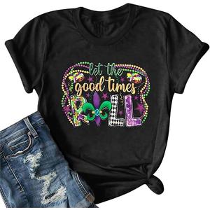Mardi Gras Shirts for Women Let The Good Times Roll Shirt Carnival Graphic Tee Funny Short Sleeve Tops Black
