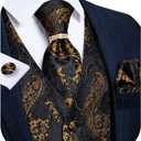 DiBanGu Men's Suit Vest Formal Men Paisley Vest Jacquard Tie Waistcoat Hanky Set With Tie Ring Wedding Party 5PCS (09 Black Gold) M