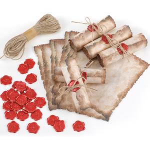 Sinload Vintage Writing Invitations Set Includes 100 Letter Antique Scroll Rustic Papers 100 Wax Seal Stickers 3 Strands of Twine for Valentines Mother Stationery Old Medieval Cardstock(4 x 6 Inch)