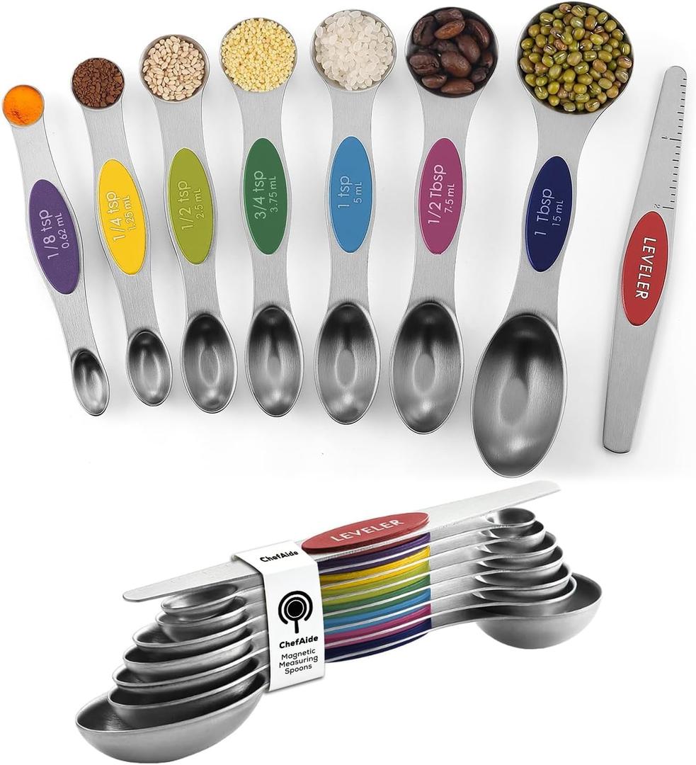 ChefAide Pack of 8 Stainless Steel Magnetic Measuring Spoons Set, Dual Sided, Stackable, Adjustable Teaspoon and Tablespoon Measure Spoon with Leveler, Kitchen Gadgets (Multicolor)