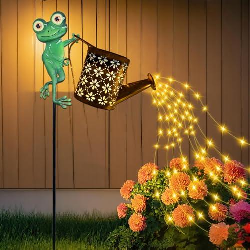 Solar Watering Can with Cascading Lights Outdoor Garden Decor, Frog Shaped Hook Gardening Gifts for Mom Women Grandma Birthday, Solar Lights for Garden Decorations Patio Yard Lawn Backyard