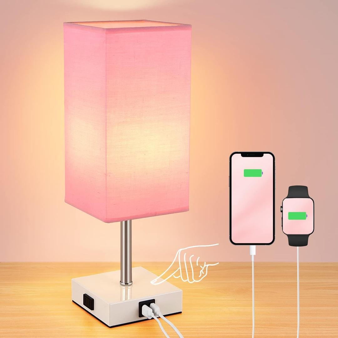 Touch Control Bedside Lamp - 3-Way Dimmable Table Lamps with USB C+A Port and Outlet, Nightstand Lamp for Bedroom Decor and Living Room,Pink