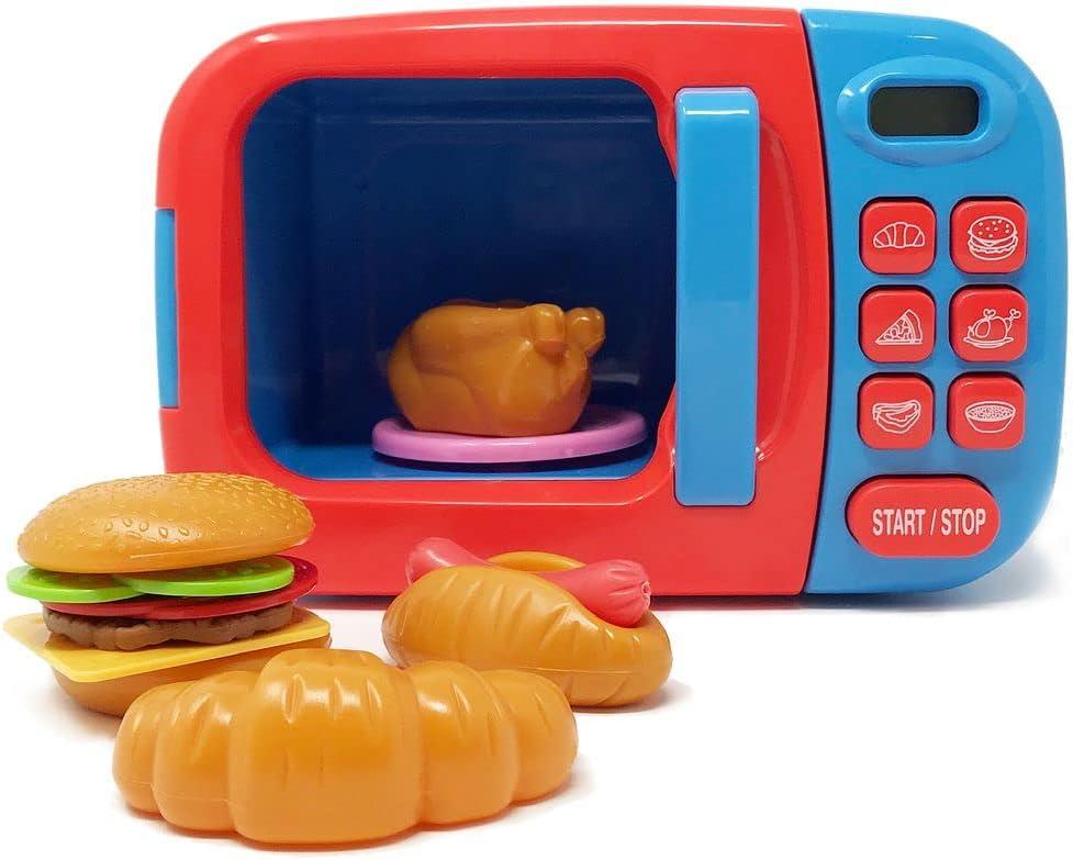 Boley Blue Microwave Playset - 11 Pc Light & Sound Pretend Play Kitchen Toys Set with Play Food for Kids Ages 3+