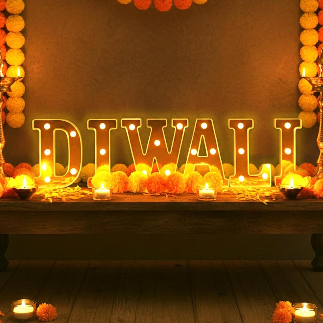 6 Pcs Diwali Light up Letters, 6.3 Inch Diwali Marquee Letters Sign with Gold Finish, Warm White Diwali Letter Lights, Battery Operated Diwali Light Letters Sign for Home Diwali Decorations