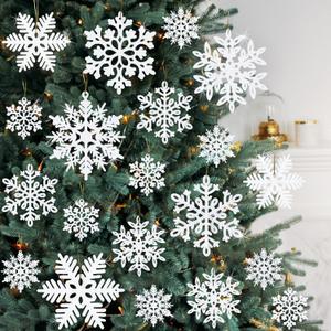 kockuu 72Pcs White Glitter Snowflake Hanging Ornaments for Christmas Tree, Wall, Window & More