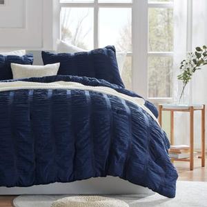 SLEEP ZONE Luxury Seersucker Queen Comforter Set 3-Piece, Soft & Lightweight Down Alternative Comforter Set with Pillow Sham Cooling for Summer, Navy
