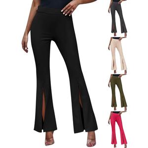 Womens Split Front Flare Work Pants Elastic High Waist Dress Pants Stretchy Pull On Long Pant for Business Casual, Black, Size M