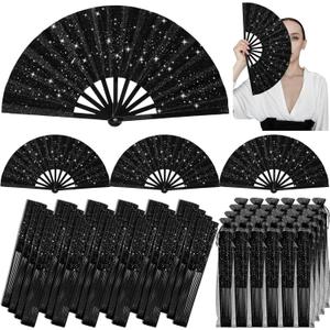 24 Pcs 10 Inch Large Glitter Rave Fan Bulk, Folding Handheld Glitter Fans with Organza Bag, Clacking Fans for Line Dancing Wedding Halloween Costume Party Events Performance (Black)