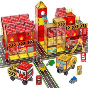 Magnetic Tiles for Kids Ages 4-8, Magnetic Blocks with Construction, Fire Fighting, Road, Engineering, Crane and Truck Themes, Magnet Toys Classroom Travel STEM Birthday Gifts for Boys