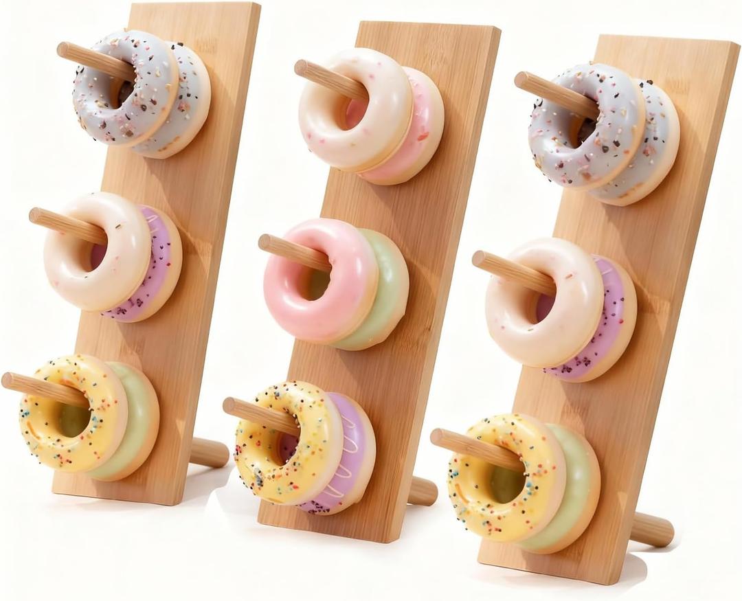 Christmas Gift Bamboo Donut Wall Stand (Pack of 3) - Wooden Doughnut Display Stand for Christmas Party, Birthday, Wedding, Dessert Table Decoration