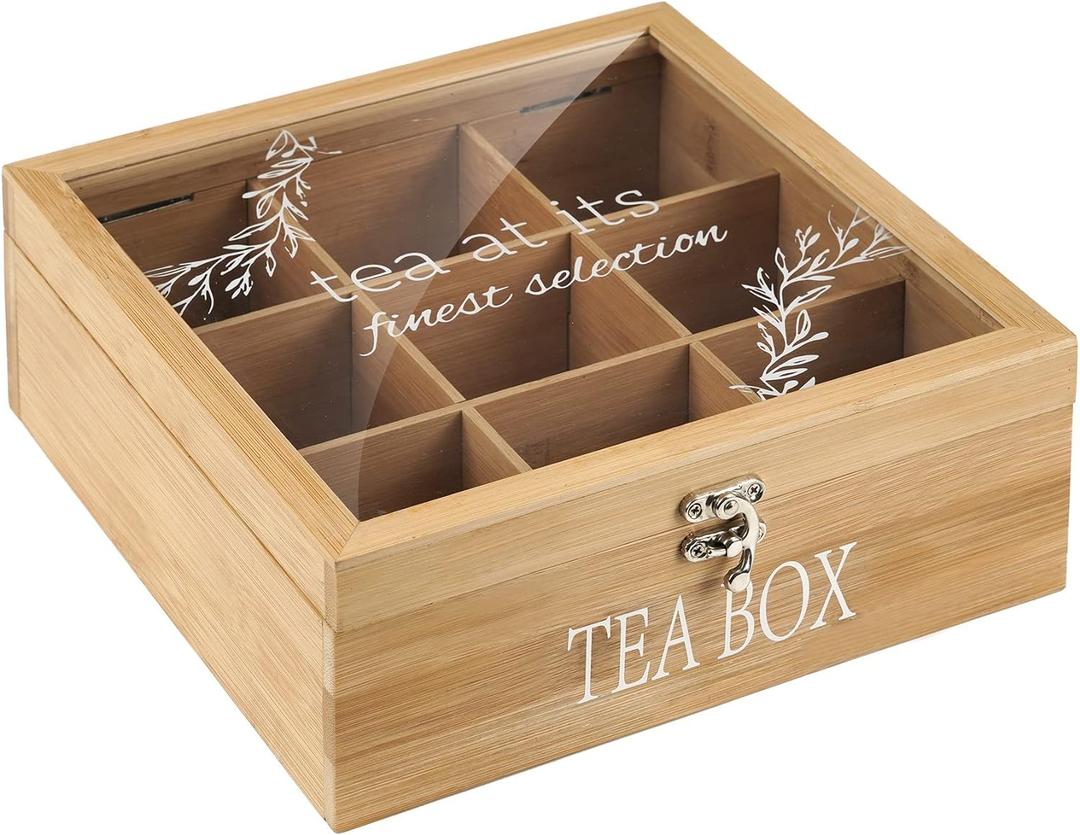 Handrong Modern Bamboo Tea Box, 9-Compartment Tea Bag Holder Organizer with Clear Cover