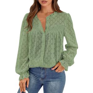 PRETTYGARDEN Lace Long Sleeve Shirts Casual Button Down Going Out Tops Hollow Out Eyelet Blouses 2026 Spring Fashion Clothing(Grass Green,Medium)