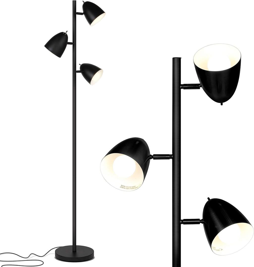 Brightech Jacob LED Standing Lamp, Modern Bright Floor Lamps for Living Rooms & Bedrooms, Tall LED Lighting Lamp with Adjustable 3 Light Tree  Classic Black