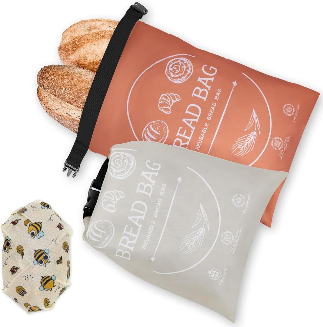 Bread Bags for Homemade with Beeswax Wrap - Zipper Reusable Bread Bag for Sourdough 2-Pack, Reusable Food Storage Bag to Keep Sourdough Fresh, Freezer-Safe, Eco-Friendly (Orange&Grey) (Large)