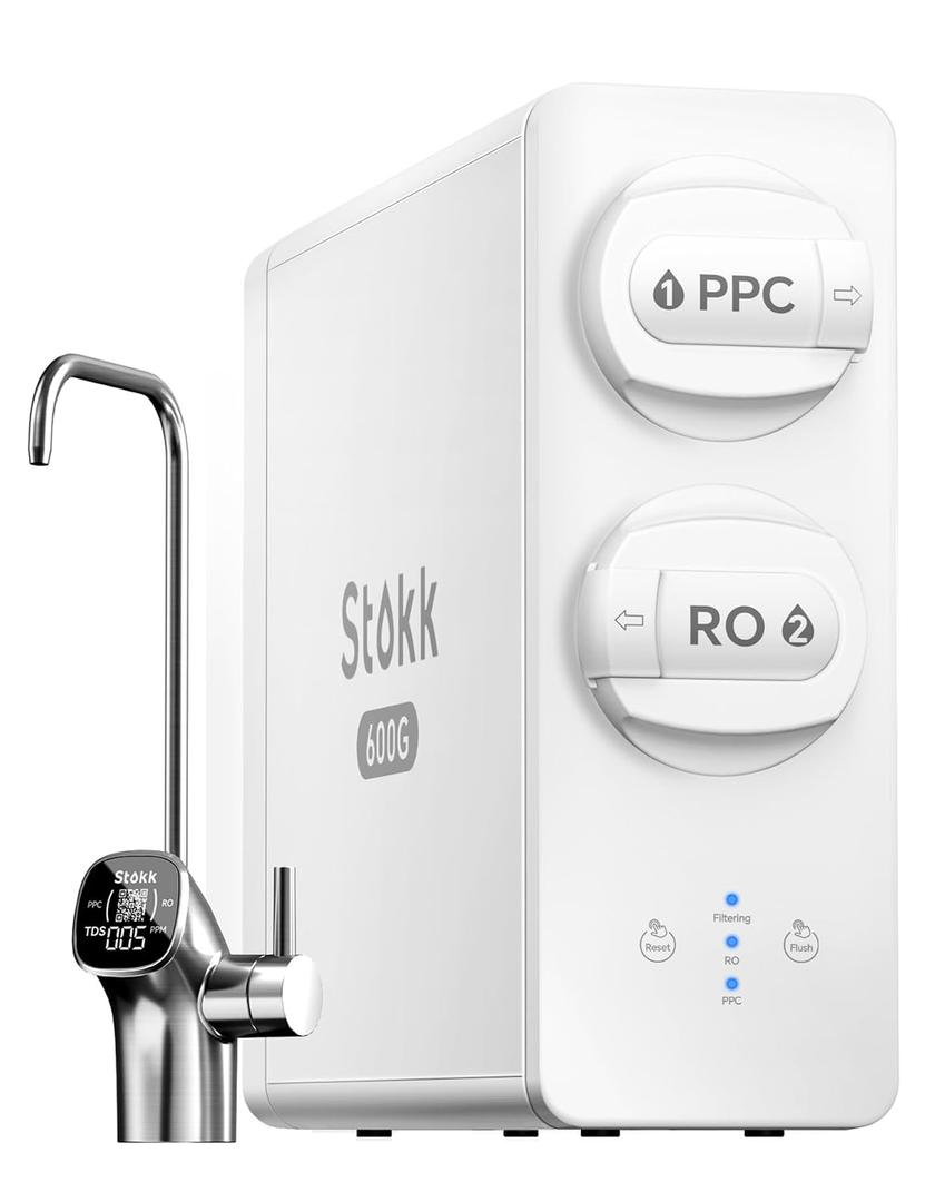 Stokk S1 Plus 600GPD Reverse Osmosis Water Filter, 8-Stage Tankless Reverse Osmosis System, Under Sink RO System, Reduce PFAS, 2.5:1 Pure to Drain, Smart LED Faucet, White
