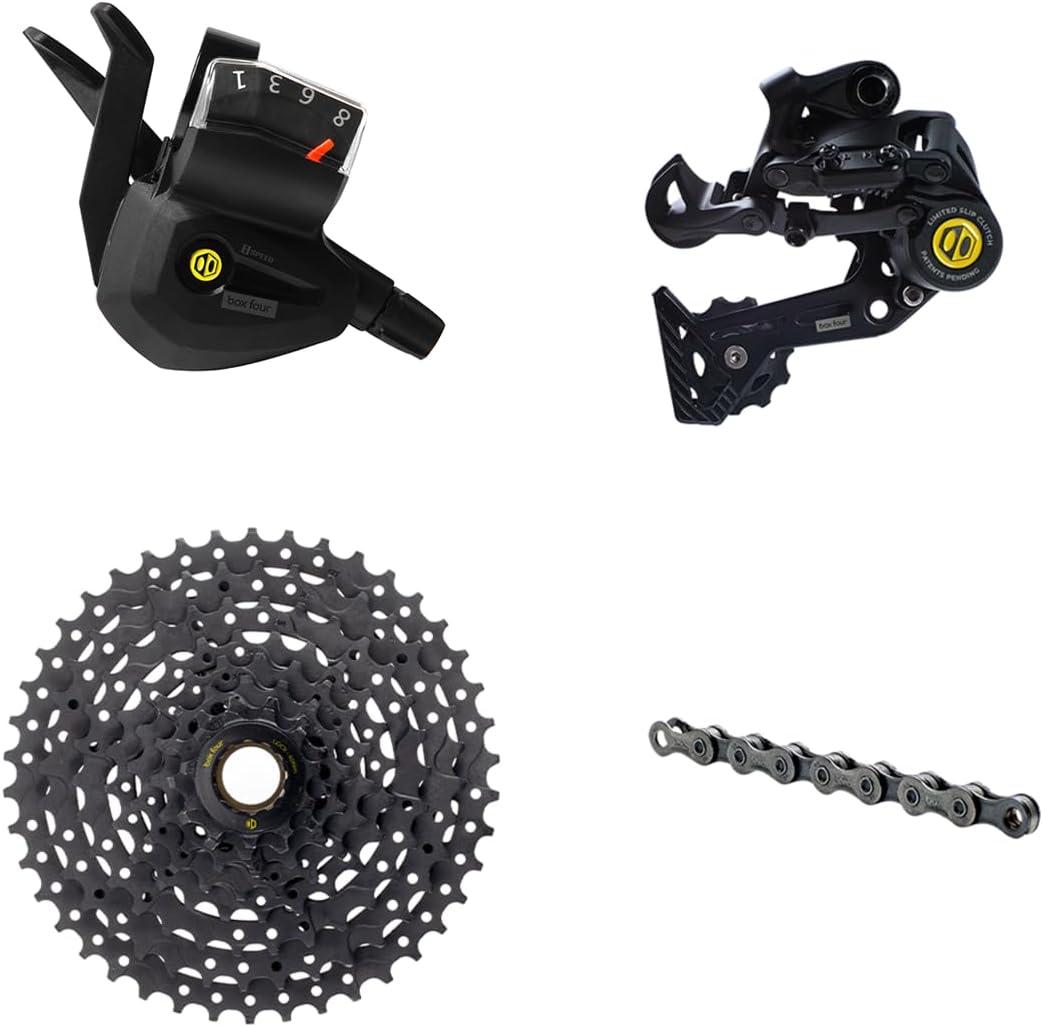 Box Four 8 Speed Multi Shift Non E-Bike and Single Shift E-Bike Cycling Groupset with Rear Derailleur, Shifters, Cassette, Chain, Shift Housing Kit Components Mountain Bike Drivetrain Upgrade Box Four 8 Speed Multi Shift Non E-Bike and Single Shift E-Bike Cycling Groupset with Rear Derailleur, Shifters, Cassette, Chain, Shift Housing Kit Components Mountain Bike Drivetrain Upgrade