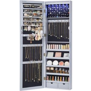 SONGMICS 6 LEDs Mirror Jewelry Cabinet, 47.2-Inch Tall Lockable Wall or Door Mounted Jewelry Armoire Organizer with Mirror, 2 Drawers, 3.9 x 14.6 x 47.2 Inches, Gray UJJC93GY