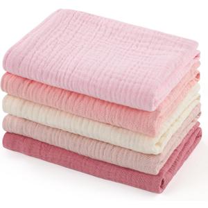 MUKIN Baby Washcloths,Muslin Burp Cloths Towels for Newborns,Absorbent Cotton Bath Face Towel 5 Pack, 12x12 Inches (Rosy Embrace) MUKIN Baby Washcloths,Muslin Burp Cloths Towels for Newborns,Absorbent Cotton Bath Face Towel 5 Pack, 12x12 Inches (Rosy Embrace)