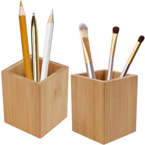 Tosnail 2 Pack Bamboo Pen Holder Pencil Holder for Desk, Makeup Brush Organizer Marker Pen Storage Cup for Office, School and Home