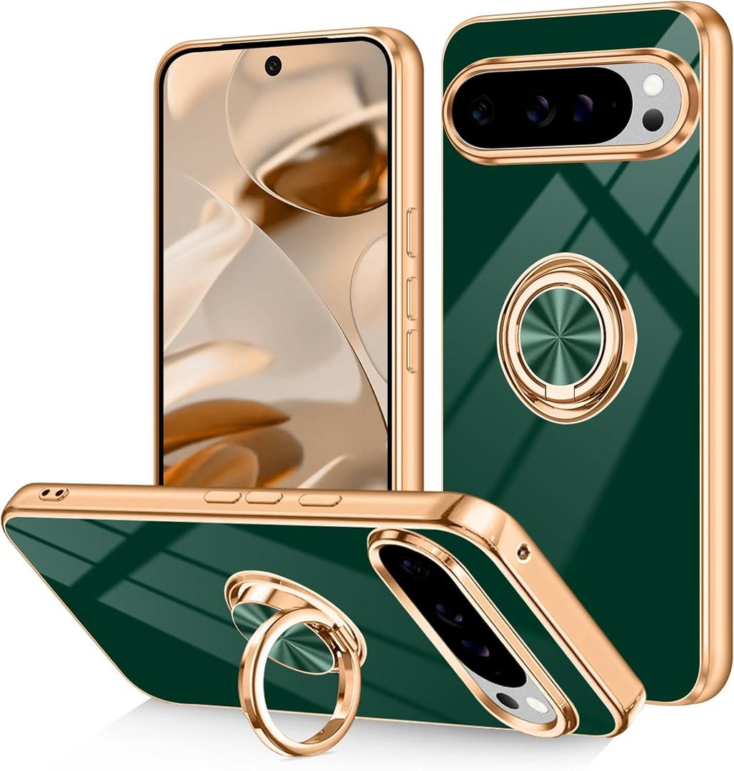 Dinick for Google Pixel 10/ Pixel 10 Pro Case with Ring Holder Kickstand, Soft TPU Gold Plated Cover, Anti-Scratch, Shockproof Protection, Slim, Magnetic Stand Case for Google Pixel 10/10 Pro, Green