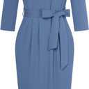 GRACE KARIN Womens Work Dresses V Neck 3/4 Sleeve Back Zipper Tie Waist Bodycon Dress Office Cocktail Dress with Pockets (Blue, XS)