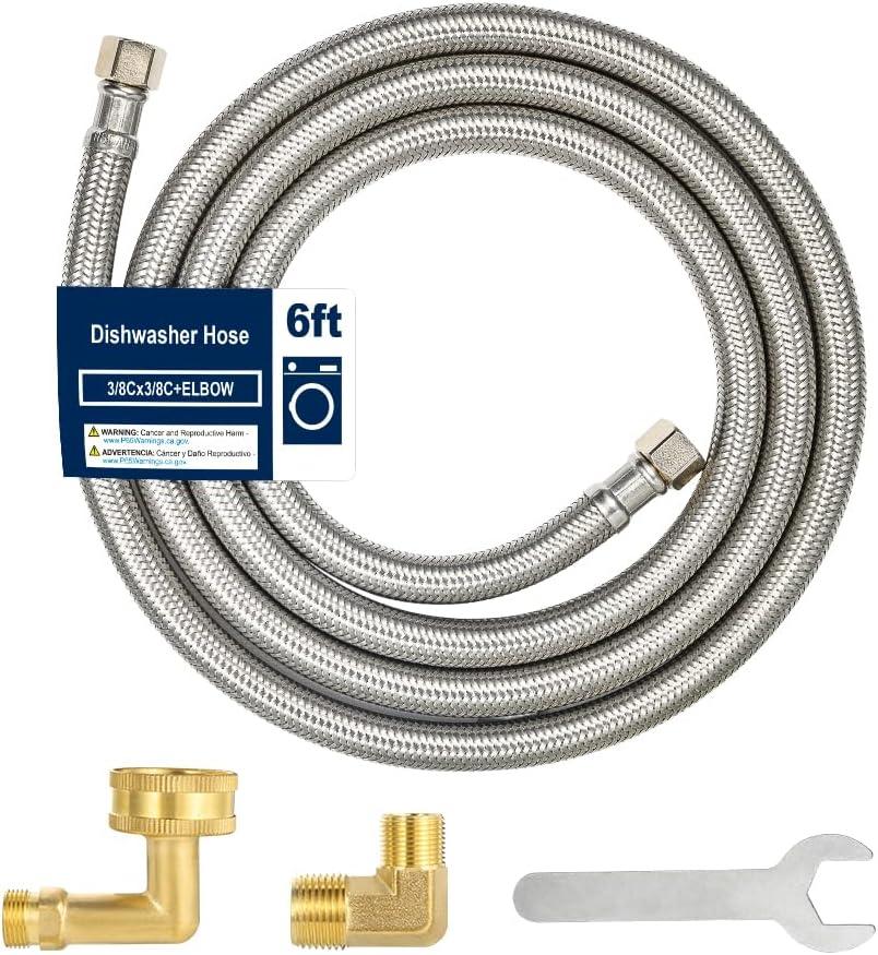6FT Dishwasher Hose with Elbow Stainless Steel Braided Supply Line, 3/8" Compression to 3/8" Elbow, Universal Fit, Burst Proof, NSF/Lead-Free Certified
