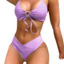 Meetall Women's High Cut String Triangle Bikini Set Swimsuits Sexy Bathing Suits 2 Piece (Purple, XL)
