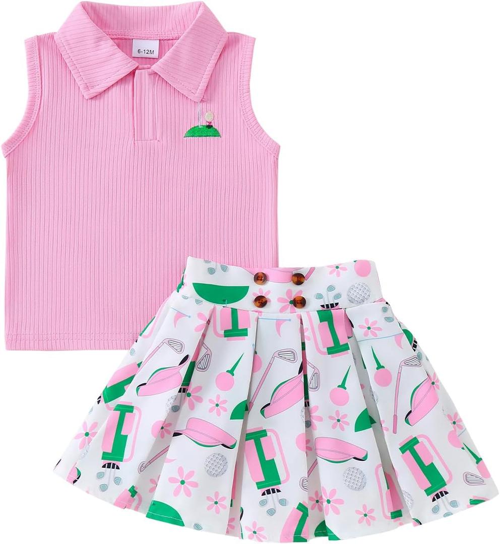 Toddler Baby Girl Golf Outfit Golf Print Polo Shirt Sleeveless Tank Top Mini Skirt Set Cute Girls Summer Clothes (Pink)