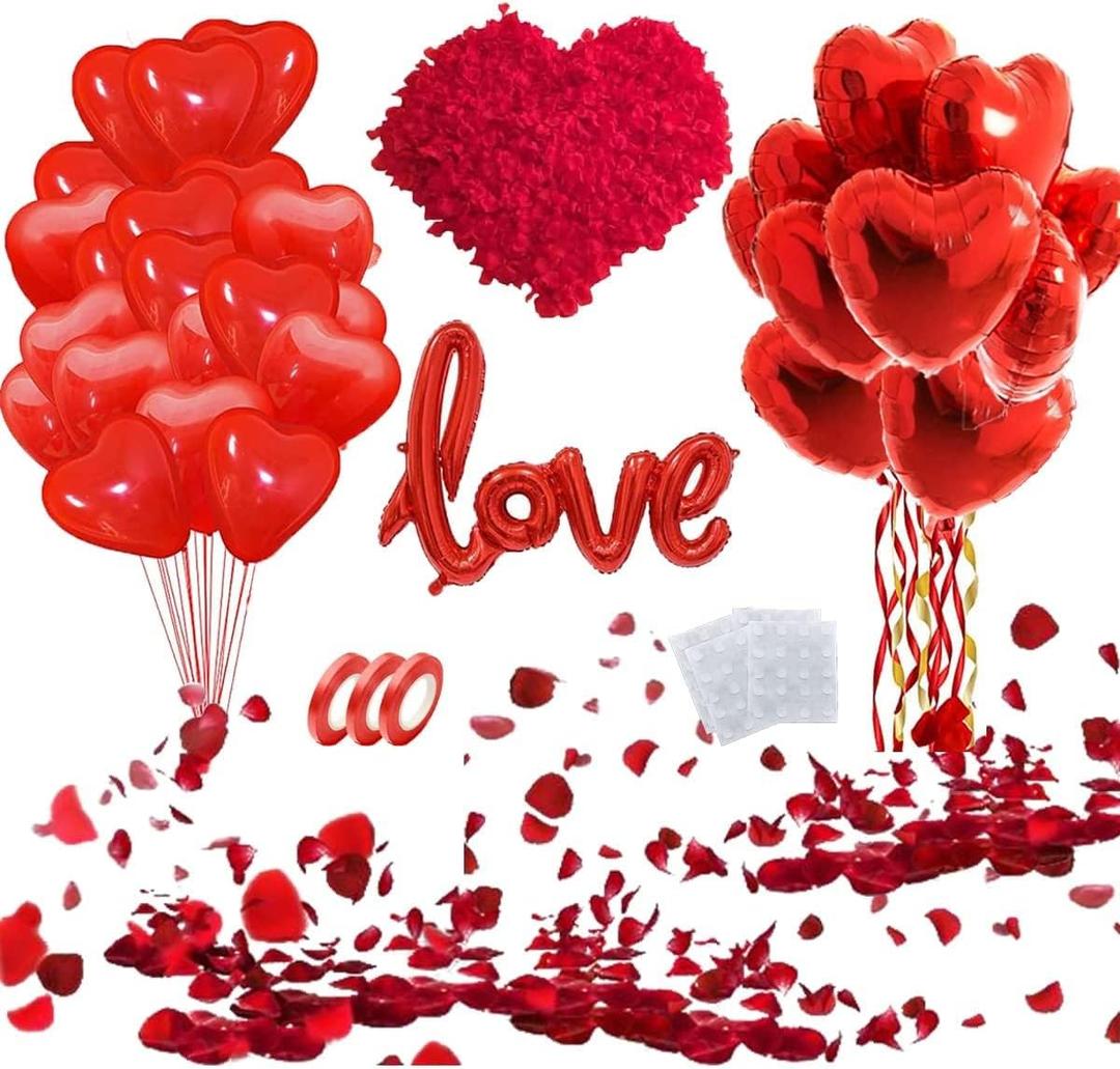 50 6-inch red Heart Balloons Latex，18-inch 10Pcs red Heart Balloons Foil ，42-inch 1Pcs red Love Balloon，Red Petals Kit for Valentines Day,Propose Marriage,Wedding Party