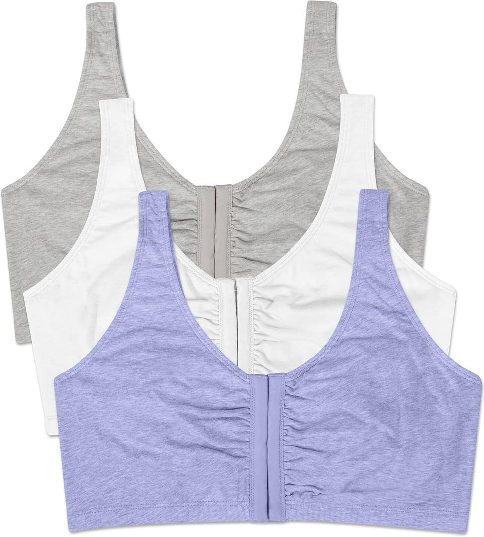 Fruit of the Loom Women's Front Close Sports Bra - Cotton Blend, Easy Fit & Built-Up Support (38, Blue Gem Heather/White/Grey 3-pack)