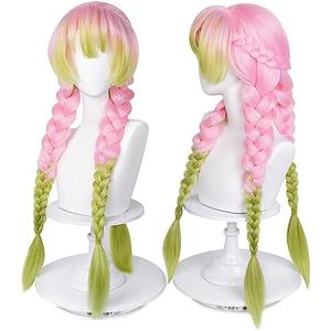 LABEAUTÉ Max Beauty Anime Pink and Green Wig for Mitsuri Cosplay Braided Hair Wig with Pigtails Halloween Party + Cap