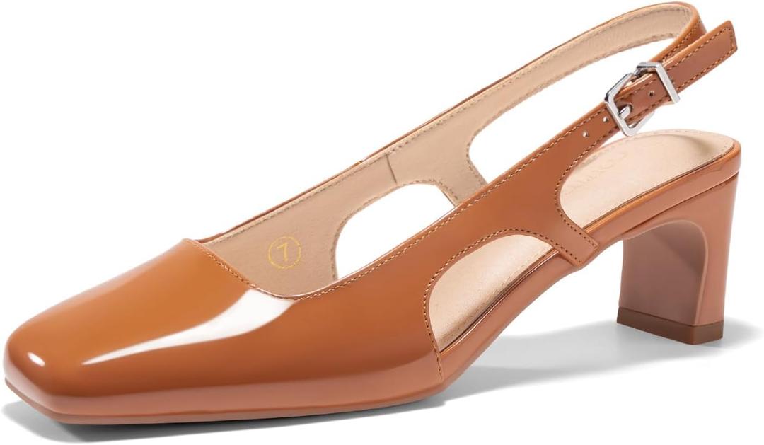 Coutgo Womens Slingback Chunky Low Heels Closed Square Toe Pumps Wedding Party Dress Shoes (7.5, Brown Patent)
