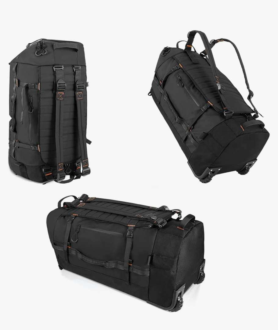 CONTAIL 86L Foldable Wheeled Duffel Backpack with Padded Quilted Bottom, Waterproof Collapsible Travel Duffle Bag with Extended Web Handles,No Telescope Handle,Black