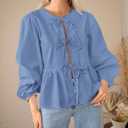 PRETTYGARDEN Women's Spring Fall Babydoll Peplum Blouse Shirt Puff Long Sleeve Bow Tie Front Trendy Cute Y2K Going Out Tops (S)