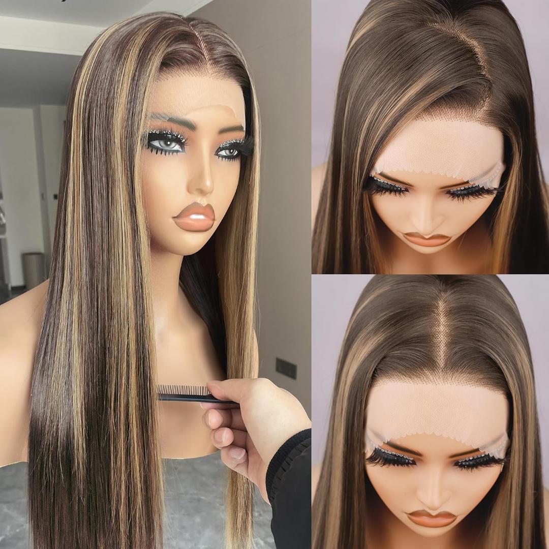 BLL Highlight Lace Front Wig, 13x4 Honey Blonde Synthetic Pre-Plucked Long Straight Glueless Hd Lace Wigs 26Inch 4/30 Brown Blonde Highlights Honey Brown Wig Suitable For Everyday Wear