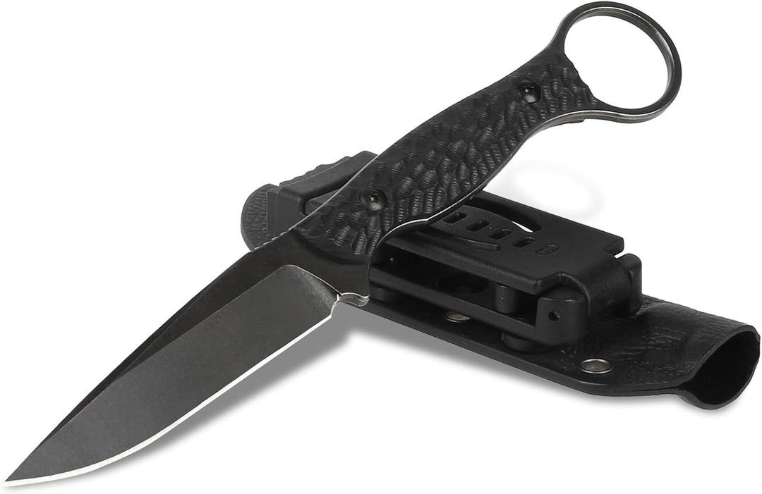 Fixed Blade Knife with Black G10 Handle and Kydex Sheath, 3.46" D2 Steel Full Tang Outdoor Tactical Hunting Knife for Camping, and EDC