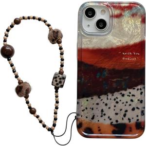 for iPhone 16promax/15pro/14/13 caseArtistic iPhone Case with Beaded Strap, Marbled Resin Design, Wish You Good Luck Quote (Beaded Strap+Phone case, iphone13)