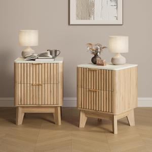 Fluted Nightstand Set of 2,Modern End Table with Faux Marble Top,2 Storage Drawers Side Table,Bedside Table for Bedroom, Living Room,Curved Profile Design Furnitue,Natural Oak