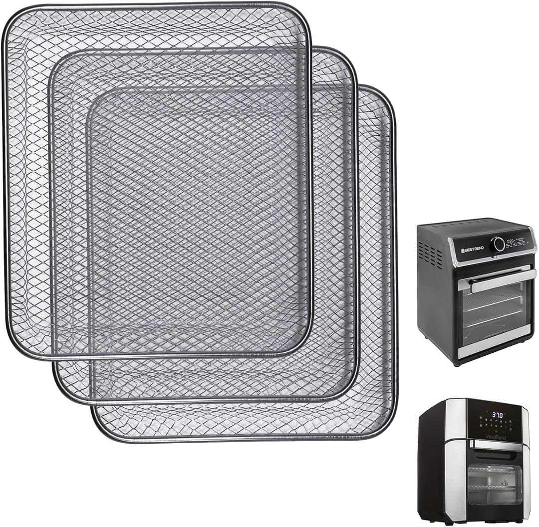 Cooking Crisp Air-Flow Trays: 3-Pack Mesh Stainless Steel Replacement Grill Basket - Fit West Bend Air Fryer Oven 12.6&15 QT PowerXL 12QT - Max Airflow - BPA-Free - Teflon-Free (9 X 10-1/4, Silver)