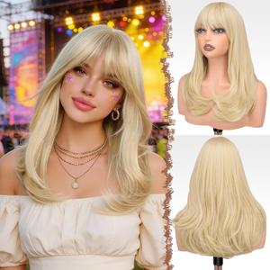 FESHFEN Long Wigs with Bangs, Synthetic Natural Looking Layered Straight Hair Wig for Women Daily Party Use 18 inch, Platinum Blonde