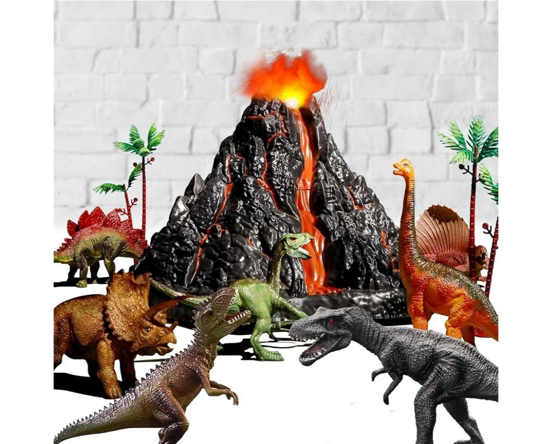 Large Volcano Set with 9 Realistic Dinosaur Action Figures for Kids 2 3 4 5 6 8 10 Years, Simulated Volcanic Eruptions w/Sounds, Volcano Can Store Dinos, Gift for Toddlers Boys & Girls